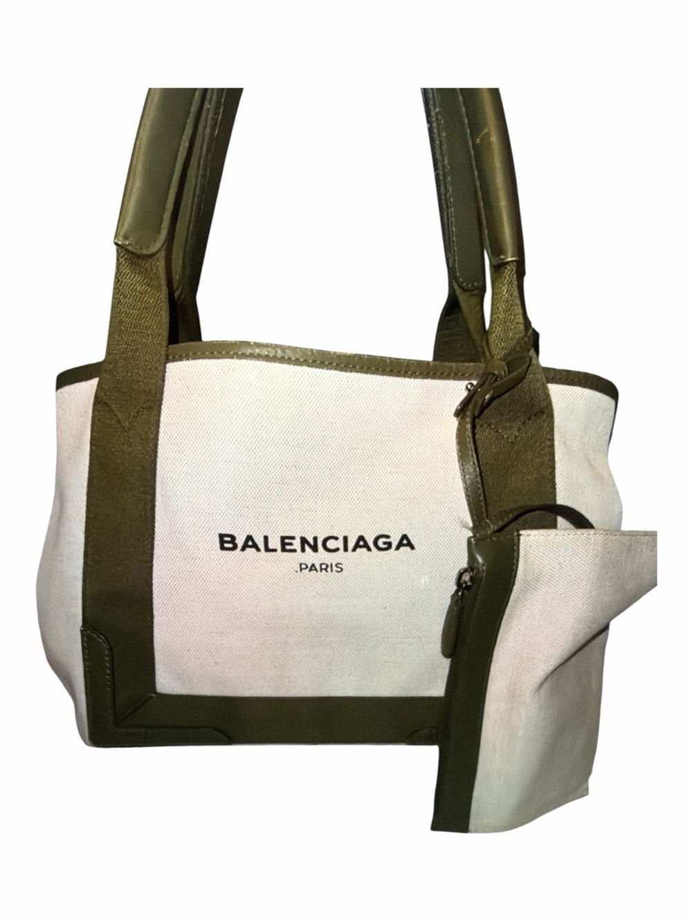 ⁠Balenciaga Navy Cabas Small Canvas Tote Olive Green Leather Trim Pouch